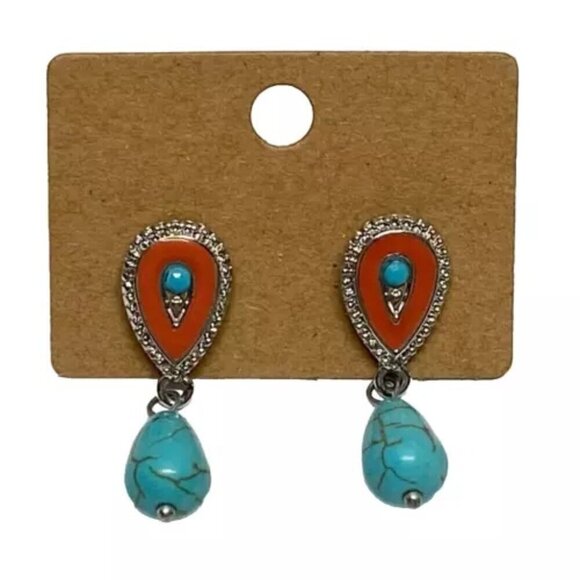 Turquoise Blue Tear Drop Silver Tone Studded Dangle Drop Earrings EUC - Picture 1 of 10